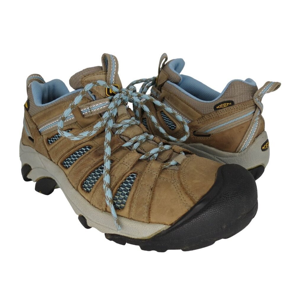KEEN Women's Voyageur Hiking Shoes Brown Leather Blue Mesh Size 10